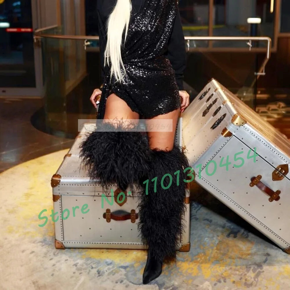 Black Fur Knee-length Boots