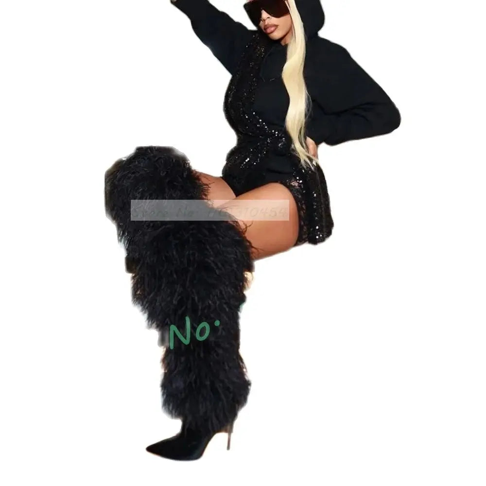 Black Fur Knee-length Boots