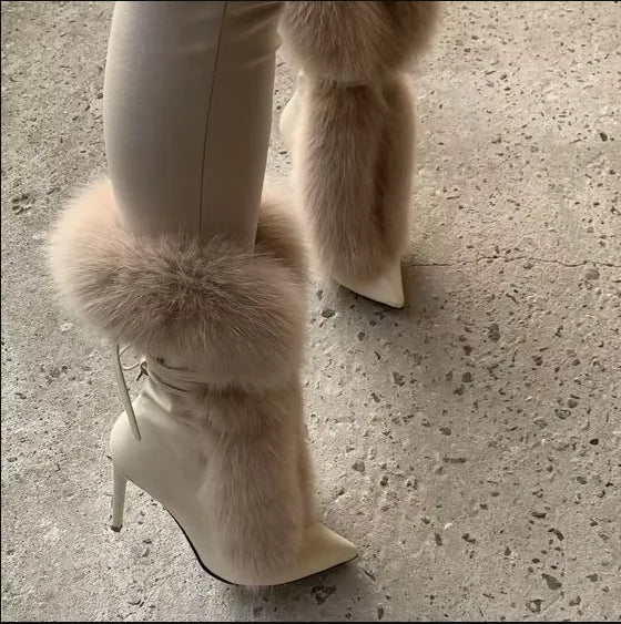 Pointed Toe Fur Mid Calf Boots